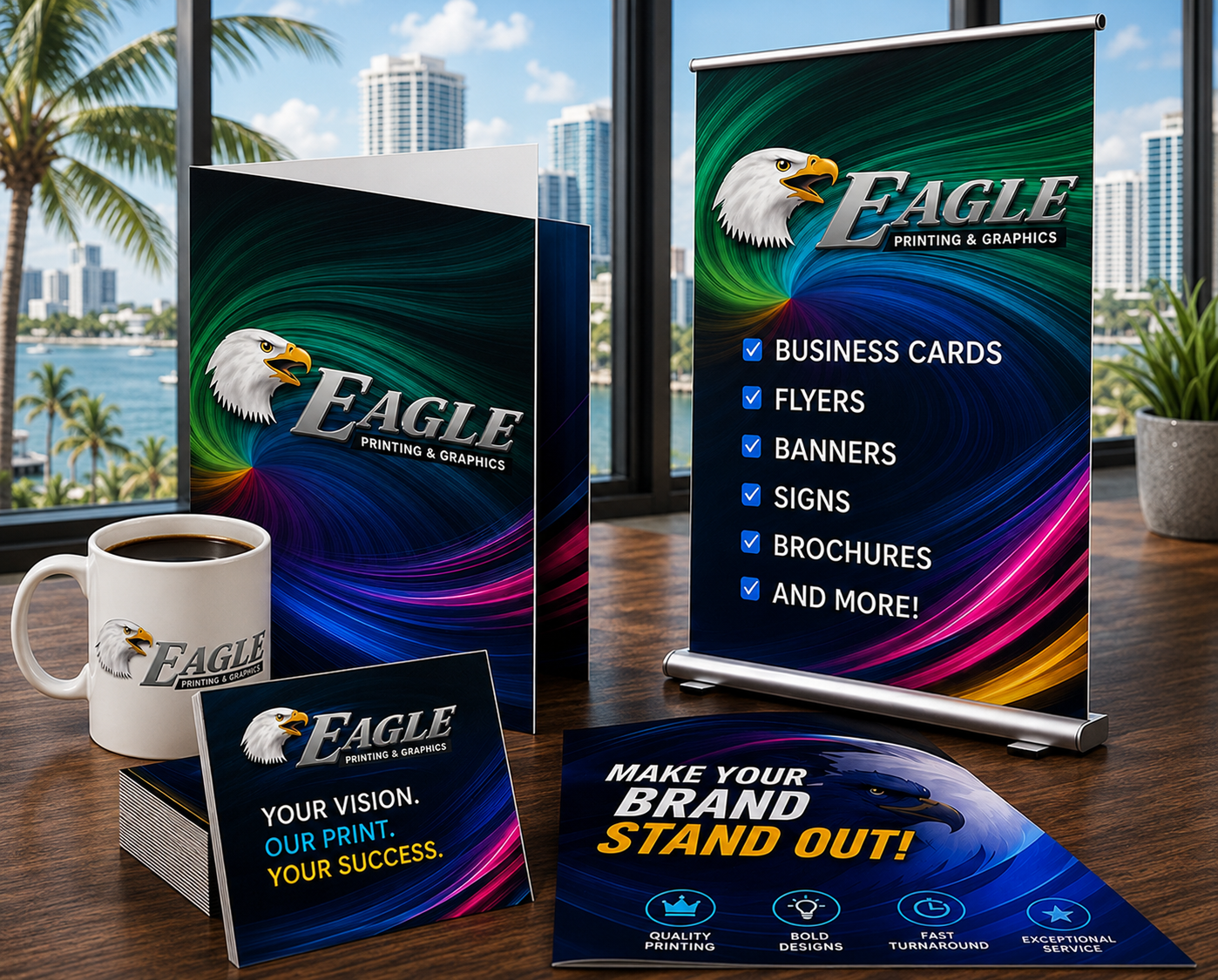 Eagle Printing & Graphics product showcase featuring banners, brochures, business cards, mug and flyers